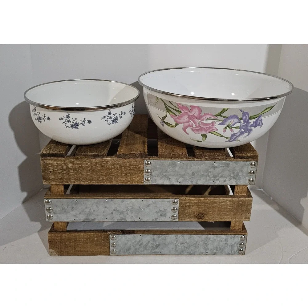 Vintage Enamelware Floral Mixing Bowls Set Of 2